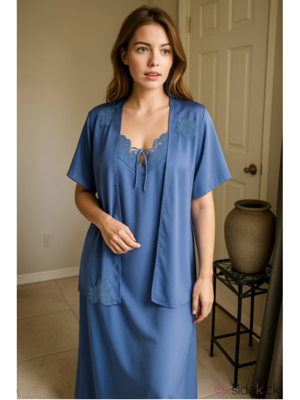Vintage Cinema Etoile Blue Satin Lace Nightgown & Robe Peignoir Set. OS/Med.